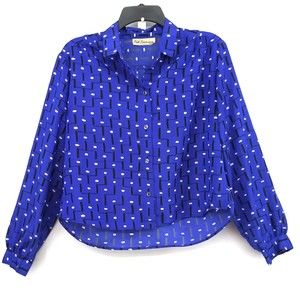 Carl Lawrence Shirt Womens Large Blue Long Sleeve Roll Tab Crop Button Up Blouse